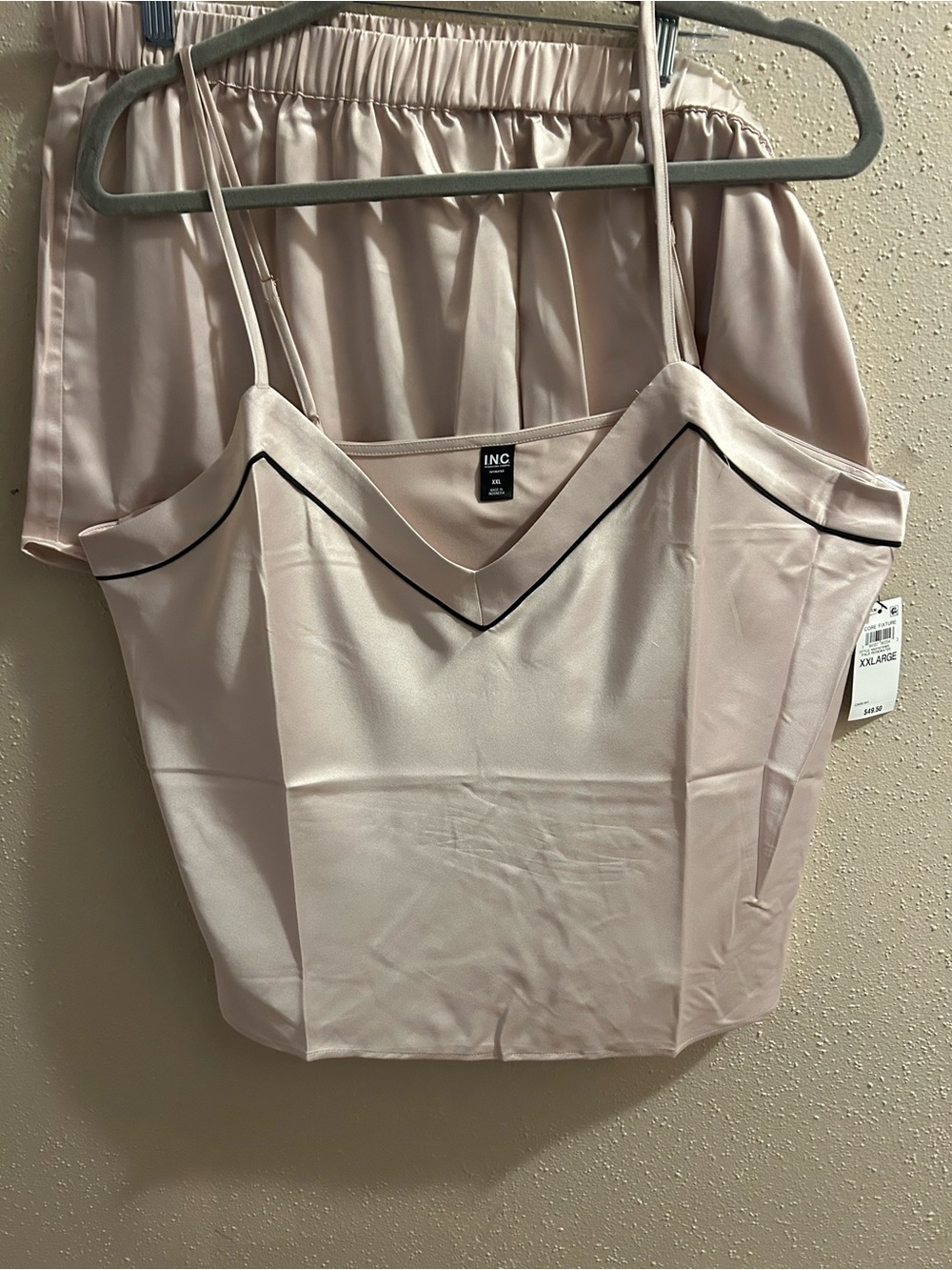 INC International Concepts Light Blush Satin Cami and Shorts Set with Black Trim - Picture 3 of 6